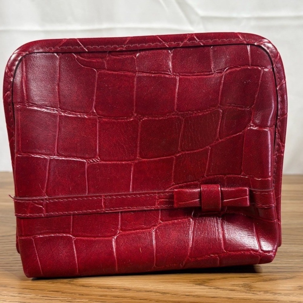 Women Toiletry Bag Red Croc Embossed Faux Leather Bow Detail Travel Case